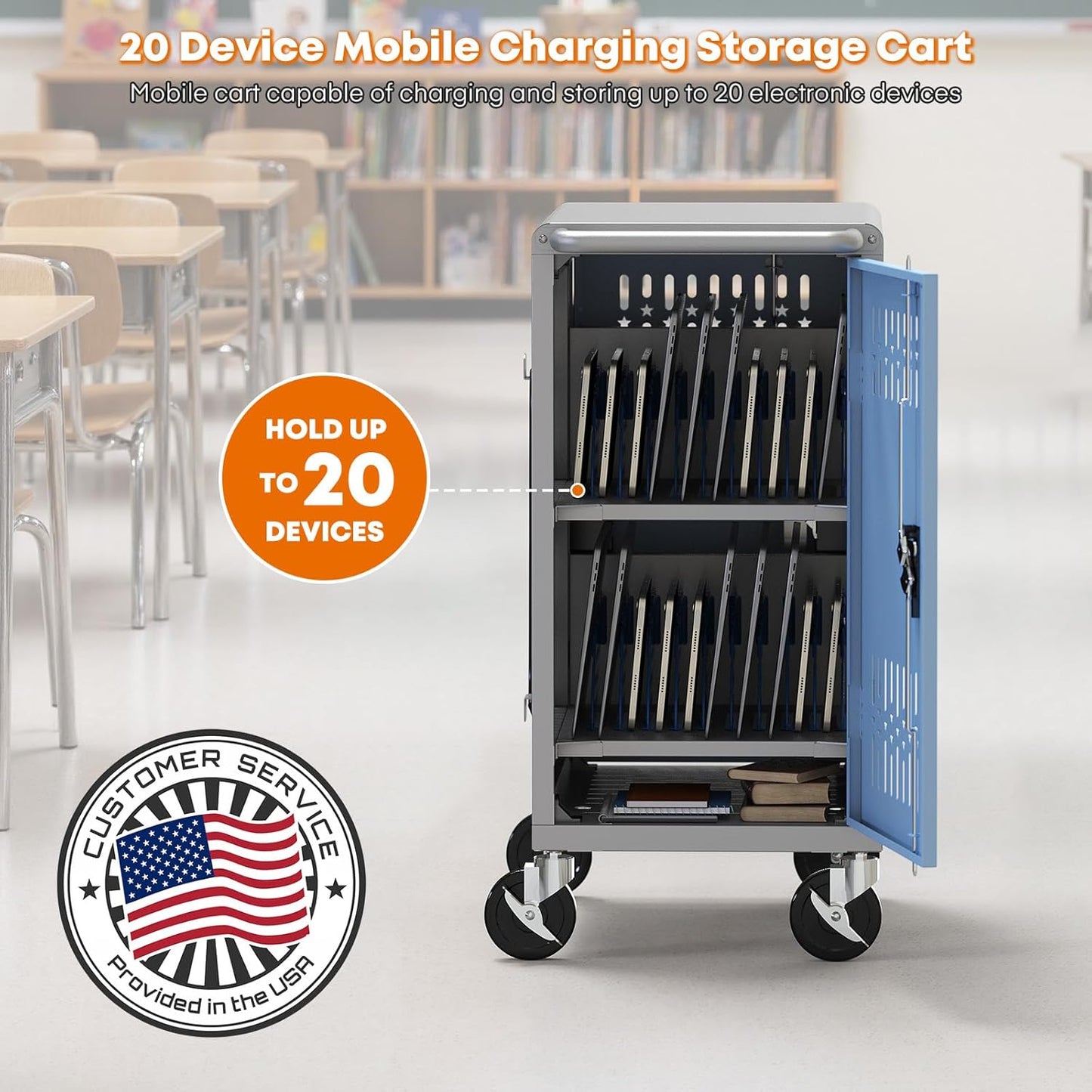 M-C20-T - 20 Bay mobile charging cart with storage for multiple Chromebook, laptop, kindle, iPad | Charging Station with Cable Management for classroom less assembly