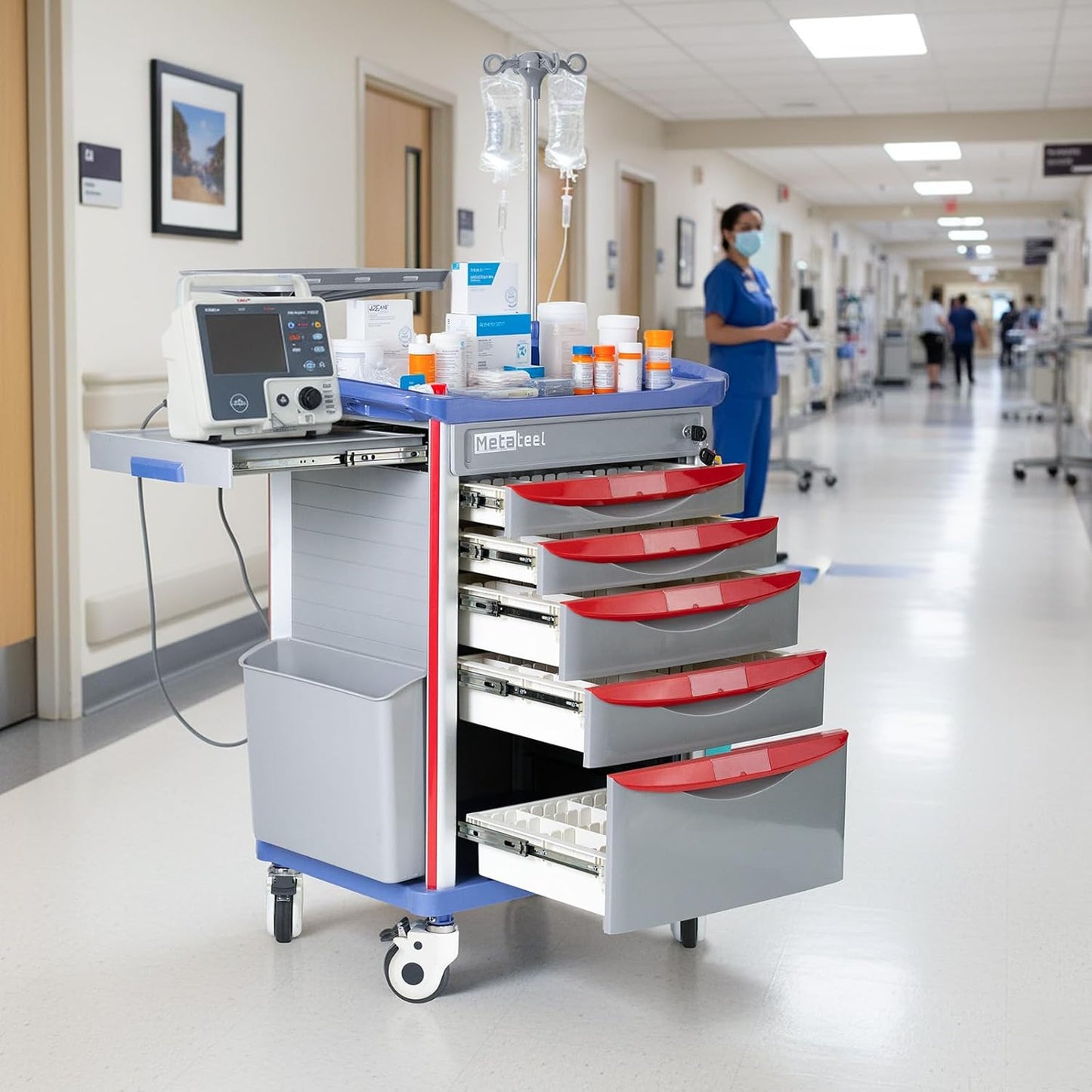 Emergency Crash Cart with IV Pole, Cardiac Board, O2 Holder & Drawers – Hospital Medical Cart