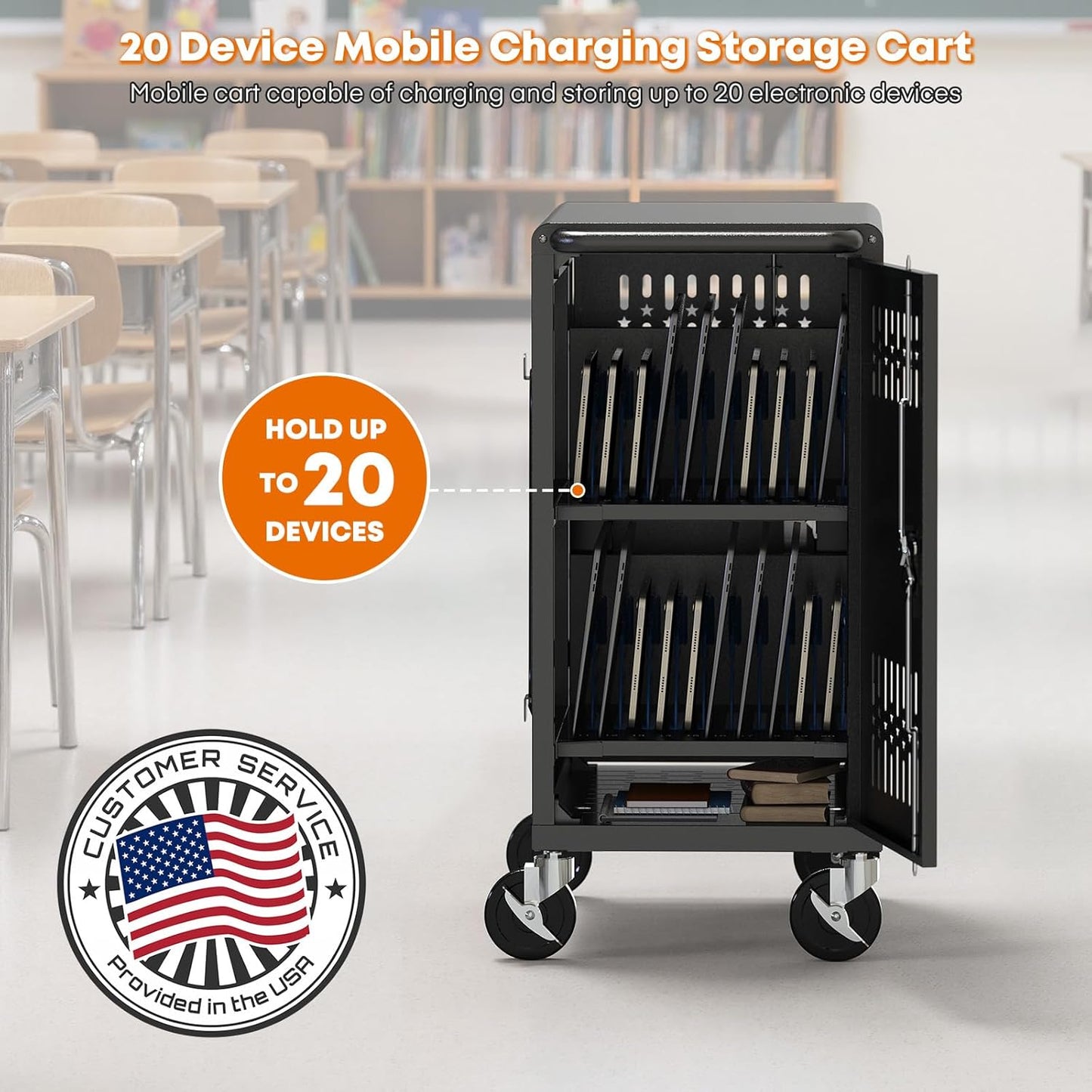 M-C20-H - Pre-Assembled American Style Heavy-Duty 20 Bay Laptop Charging Cart for School Classroom Storing and Charing 20 Chromebook, Laptop, and Tablet