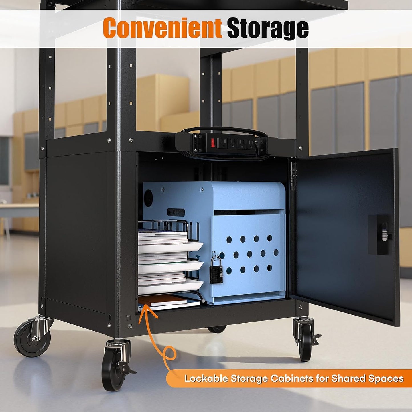 Steel AV Cart with Locking Cabinet, Adjustable Height, and Storage – 300 lbs Capacity