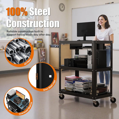 Extra Large 3 Tier Rolling Cart with Power Strip - Heavy Duty Utility Cart Rolling Computer Cart - Durable Utility Cart