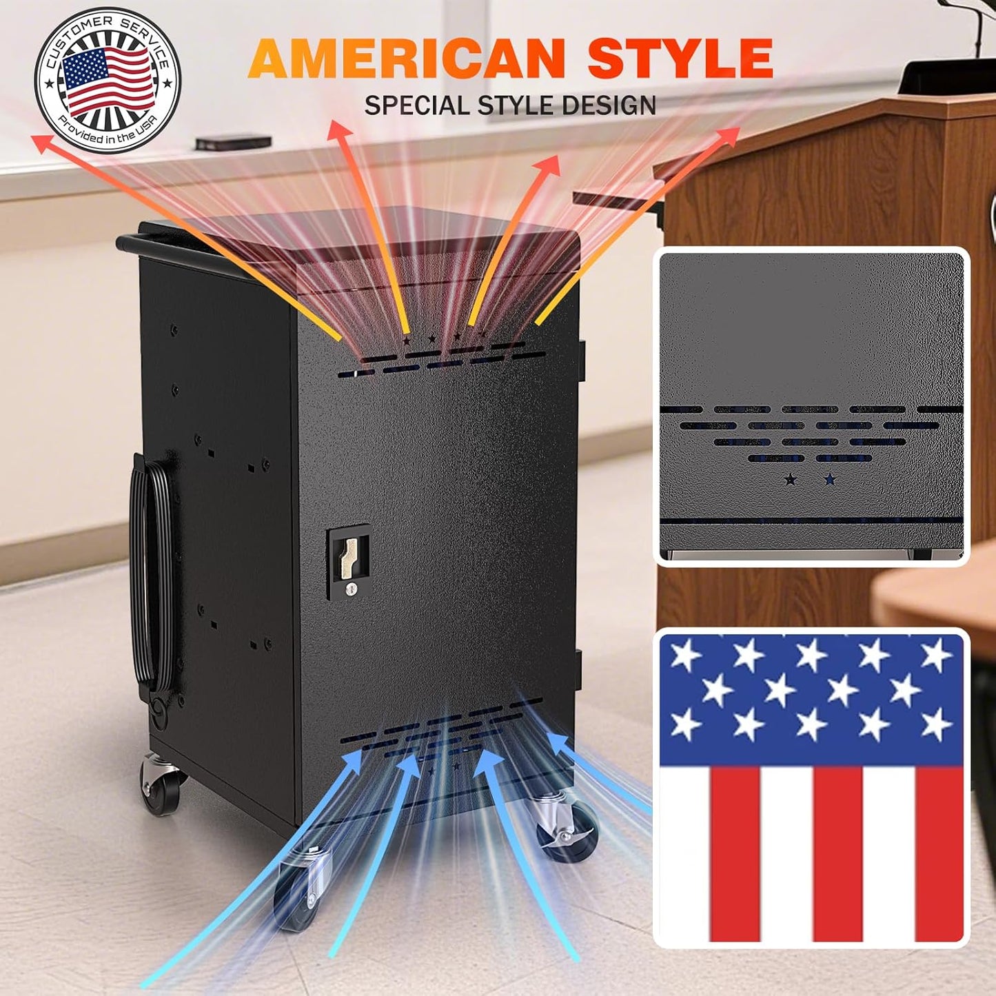 M-C30A-H - 30-Device Charging Station for Chromebooks, iPads, and 14'' Laptops – Mobile Charging Cart with Cable Management, Circuit Breaker, Grounding Protection, and Assembly Required