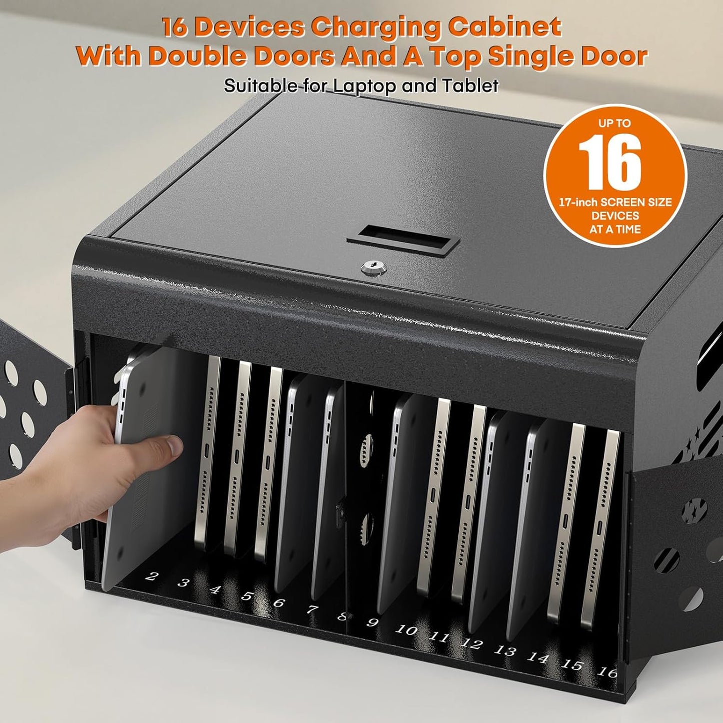 M-C16B-H - 16-Device Locking Tablet Charging Station - Classroom Charging Station for 16 Chromebook Tablet Laptop - Metal Laptop Charging Cart with Cable Management and Charger Organization (Black)