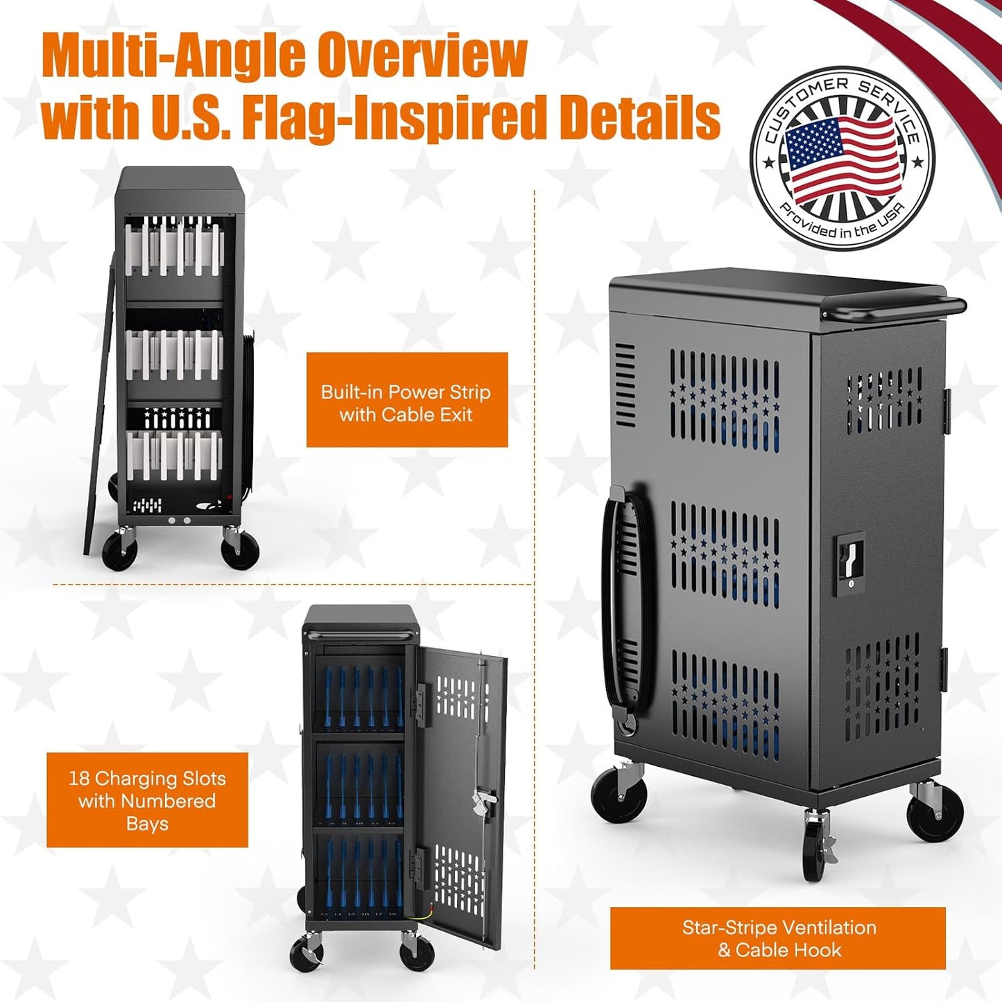 M-C18-H - Fully Assembled 18 Bay Heavy-Duty Metal Mobile Charging and Storage Cart for iPad,Chromebook and Laptop Computer Up to 14-inch Screen Size with Key Locks, Charger and Cable Organization,Black