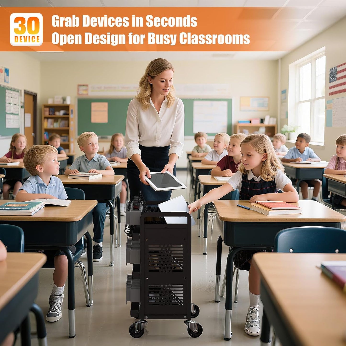 M-C30D-H - 30-Unit Mobile Charging Cart-Open Charging Station Rack for 14-inch Chromebooks and Tablets-Tablet Organizer Station with Cable Management and Charger Organization(Black)