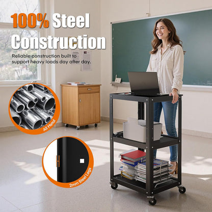 3-Shelf Steel Utility Cart – Mobile AV & Presentation Cart with Power Strip