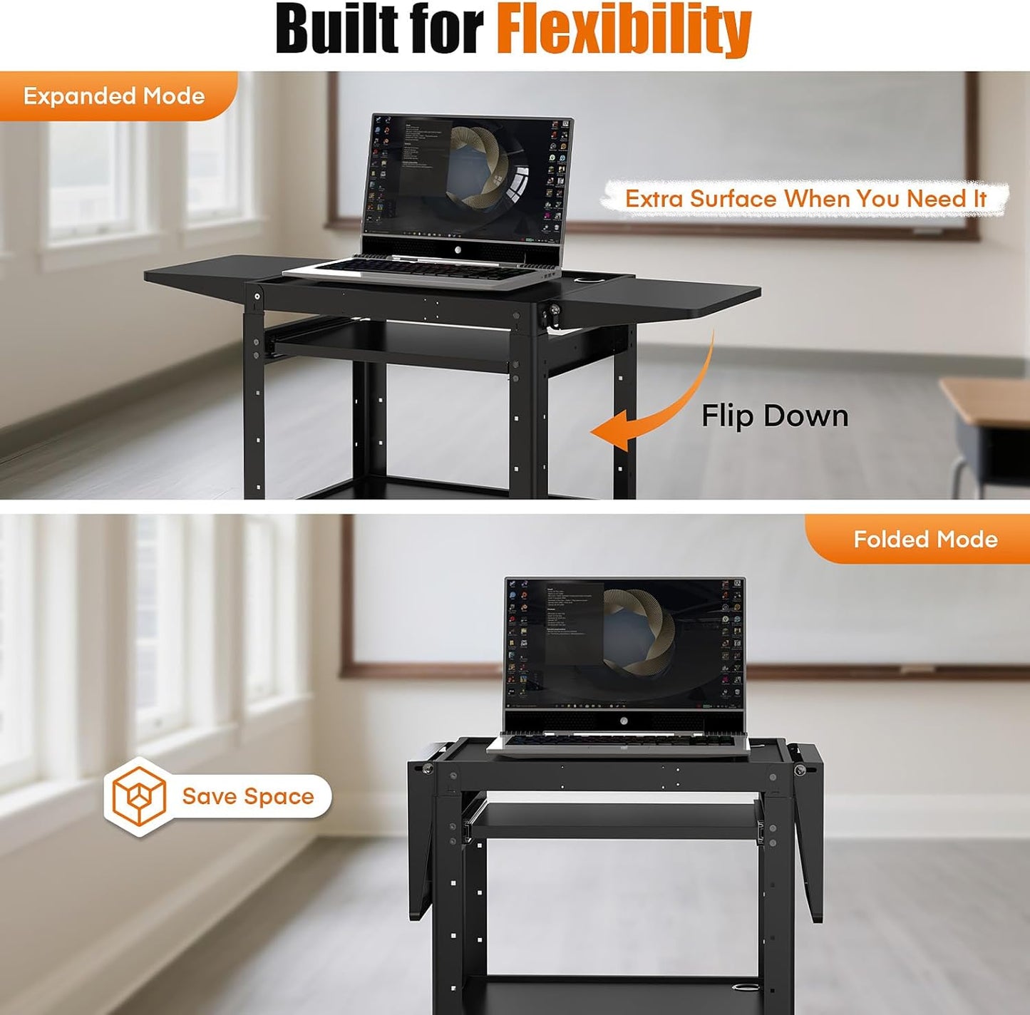 Heavy Duty Steel AV Cart – Lockable Storage, Folding Shelves, Adjustable Height, Wheels