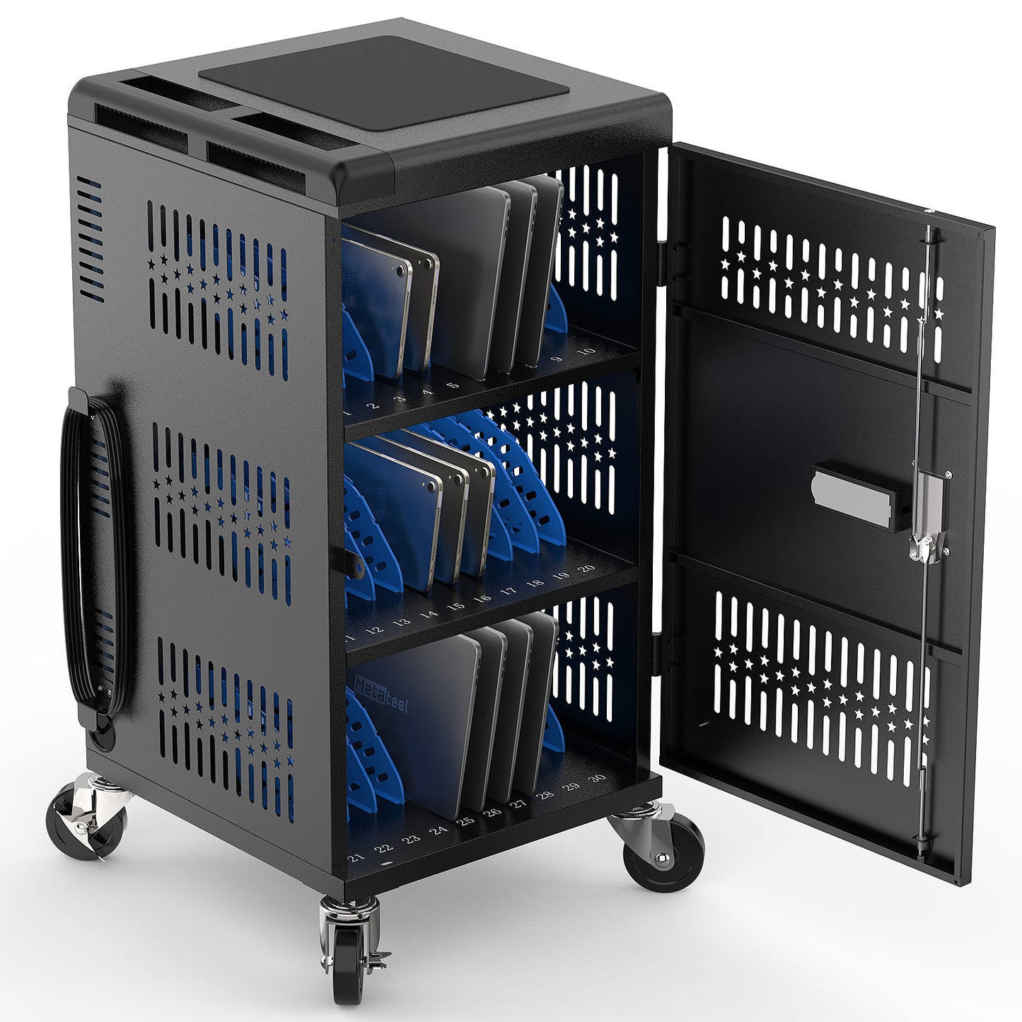 M-C30B-H - Fully Assembled 30 Bay Mobile Charging and Storage Cart for iPad,Chromebook and Laptop Computer with Keypad Lock,Up to 14-inch Screen Size,Surge Protection,Front & Back Access Locking Cabinet