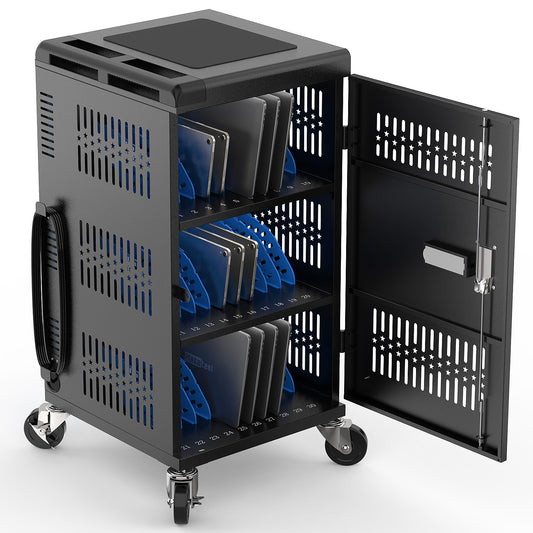 M-C30B-H - Fully Assembled 30 Bay Mobile Charging and Storage Cart for iPad,Chromebook and Laptop Computer with Keypad Lock,Up to 14-inch Screen Size,Surge Protection,Front & Back Access Locking Cabinet