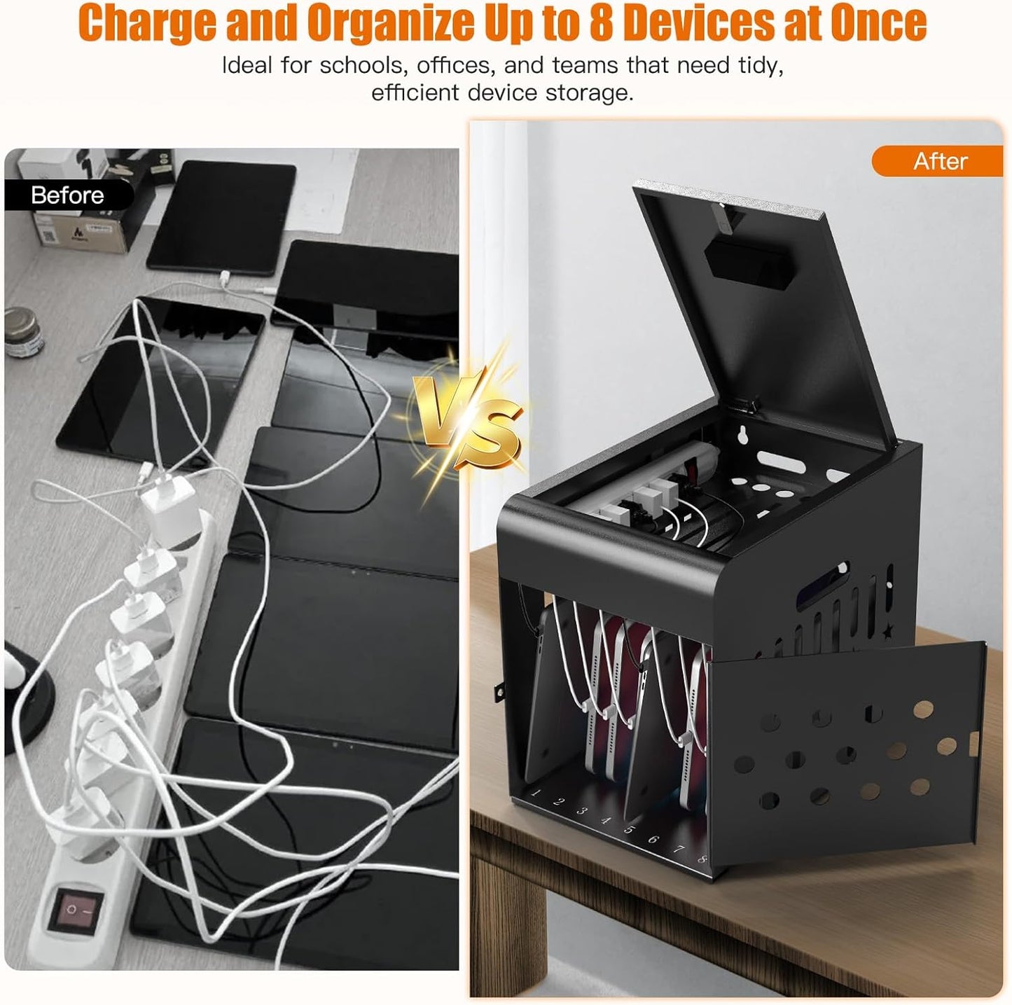 M-C8-H - 8 Tablet Charging Station Lock Box - Fits 14" Screen, Steel Case & Lockable Door, & 2 Keys Included - For Chromebook, Laptop,and Tablets - Ideal for Offices, Classrooms, & Hospitals (Black)