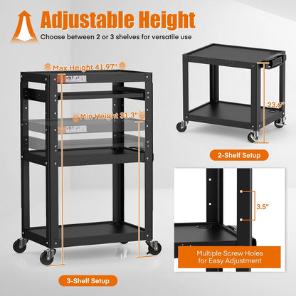 Metal Presentation Cart with Adjustable Shelves – Rolling Stand for Projector, TV, Laptop, Printer