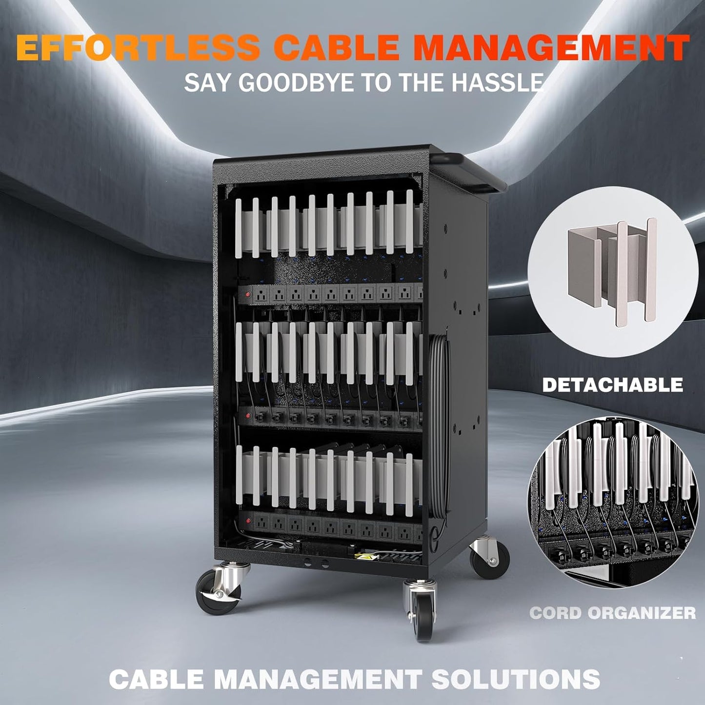 M-C30A-H - 30-Device Charging Station for Chromebooks, iPads, and 14'' Laptops – Mobile Charging Cart with Cable Management, Circuit Breaker, Grounding Protection, and Assembly Required