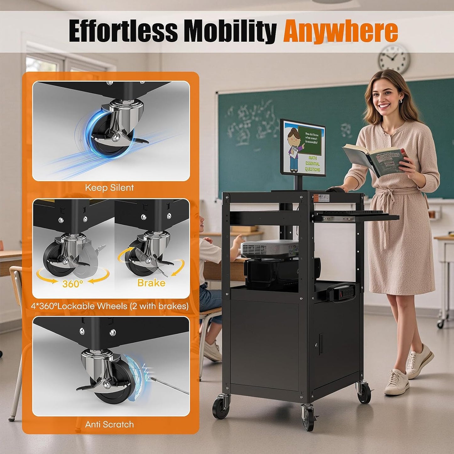 Steel AV Cart with Locking Cabinet, Adjustable Height, and Storage – 300 lbs Capacity