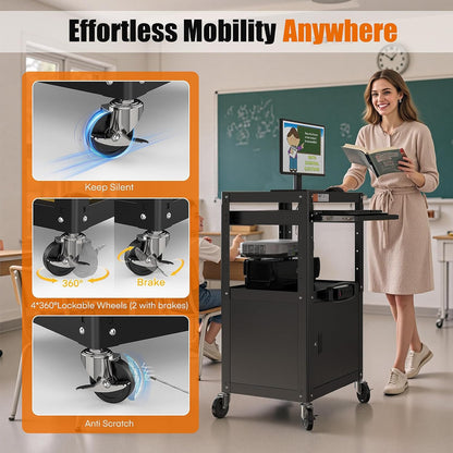 Steel AV Cart with Locking Cabinet, Adjustable Height, and Storage – 300 lbs Capacity