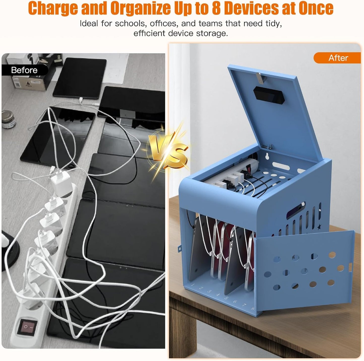 M-C8-B - 8 Tablet Charging Station Lock Box - Fits 14" Screen, Steel Case & Lockable Door, & 2 Keys Included - For Chromebook, Laptop,and Tablets - Ideal for Offices, Classrooms, & Hospitals (Blue)