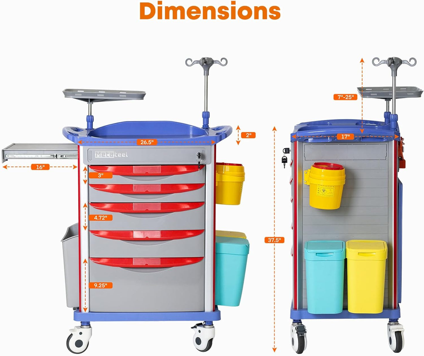 Emergency Crash Cart with IV Pole, Cardiac Board, O2 Holder & Drawers – Hospital Medical Cart