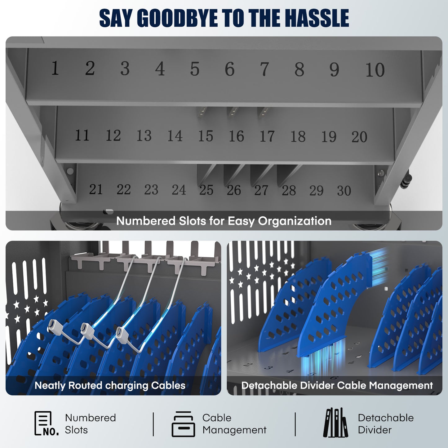 M-C30B-T - Fully Assembled 30 Bay Mobile Charging and Storage Cart for iPad,Chromebook and Laptop Computer with Keypad Lock,Up to 14-inch Screen Size,Surge Protection,Front & Back Access Locking Cabinet