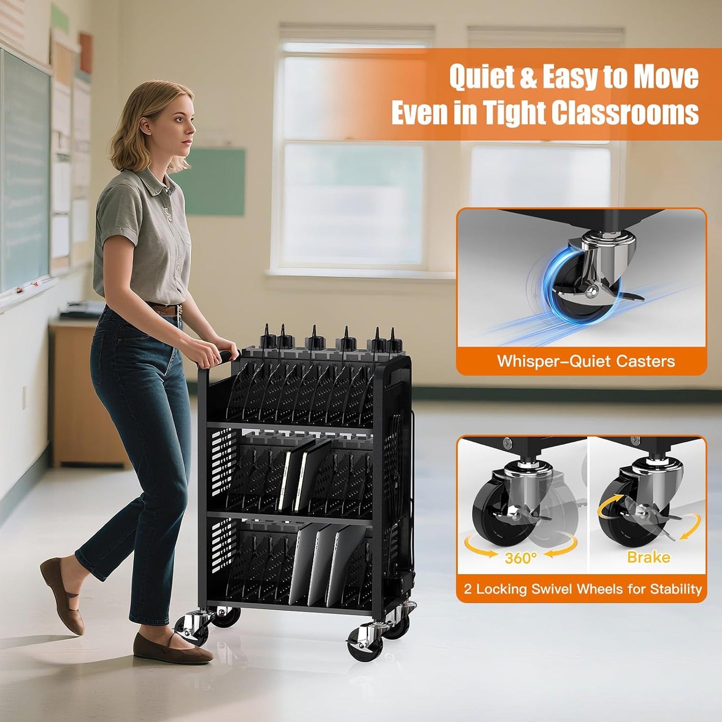 M-C30D-H - 30-Unit Mobile Charging Cart-Open Charging Station Rack for 14-inch Chromebooks and Tablets-Tablet Organizer Station with Cable Management and Charger Organization(Black)