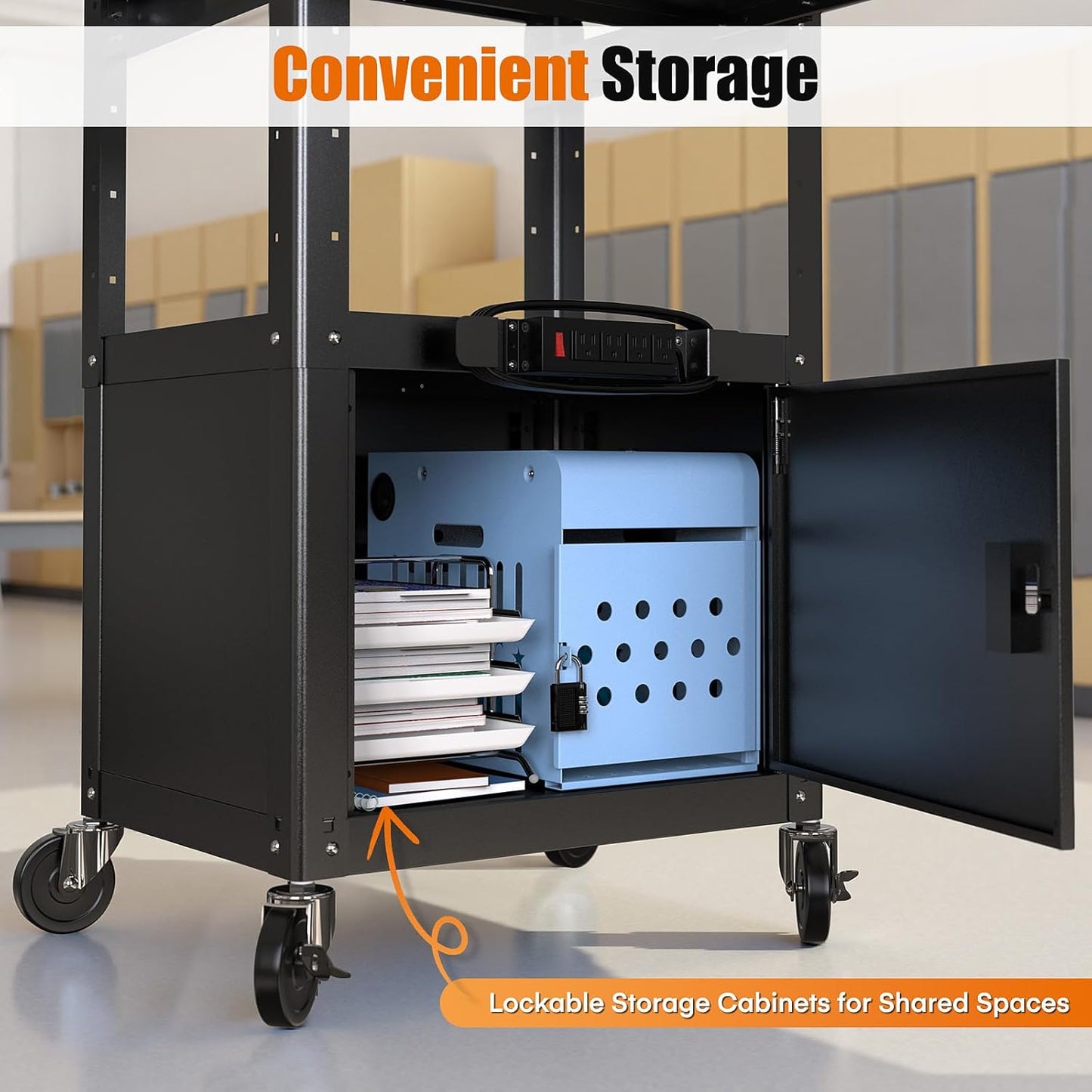 Heavy Duty Steel AV Cart – Lockable Storage, Folding Shelves, Adjustable Height, Wheels