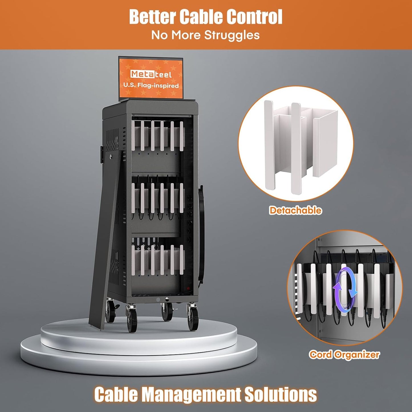 M-C18-H - Fully Assembled 18 Bay Heavy-Duty Metal Mobile Charging and Storage Cart for iPad,Chromebook and Laptop Computer Up to 14-inch Screen Size with Key Locks, Charger and Cable Organization,Black