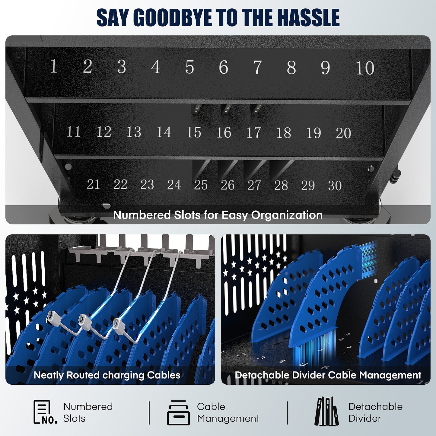 M-C30B-H - Fully Assembled 30 Bay Mobile Charging and Storage Cart for iPad,Chromebook and Laptop Computer with Keypad Lock,Up to 14-inch Screen Size,Surge Protection,Front & Back Access Locking Cabinet