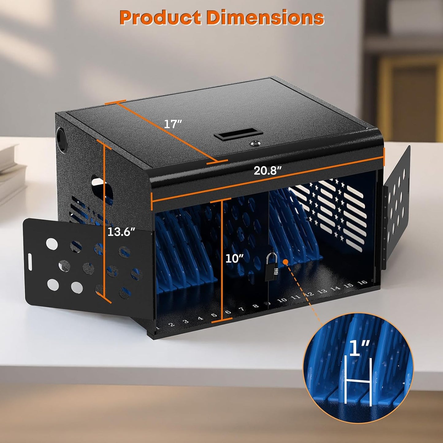M-C16B-H - 16-Device Locking Tablet Charging Station - Classroom Charging Station for 16 Chromebook Tablet Laptop - Metal Laptop Charging Cart with Cable Management and Charger Organization (Black)