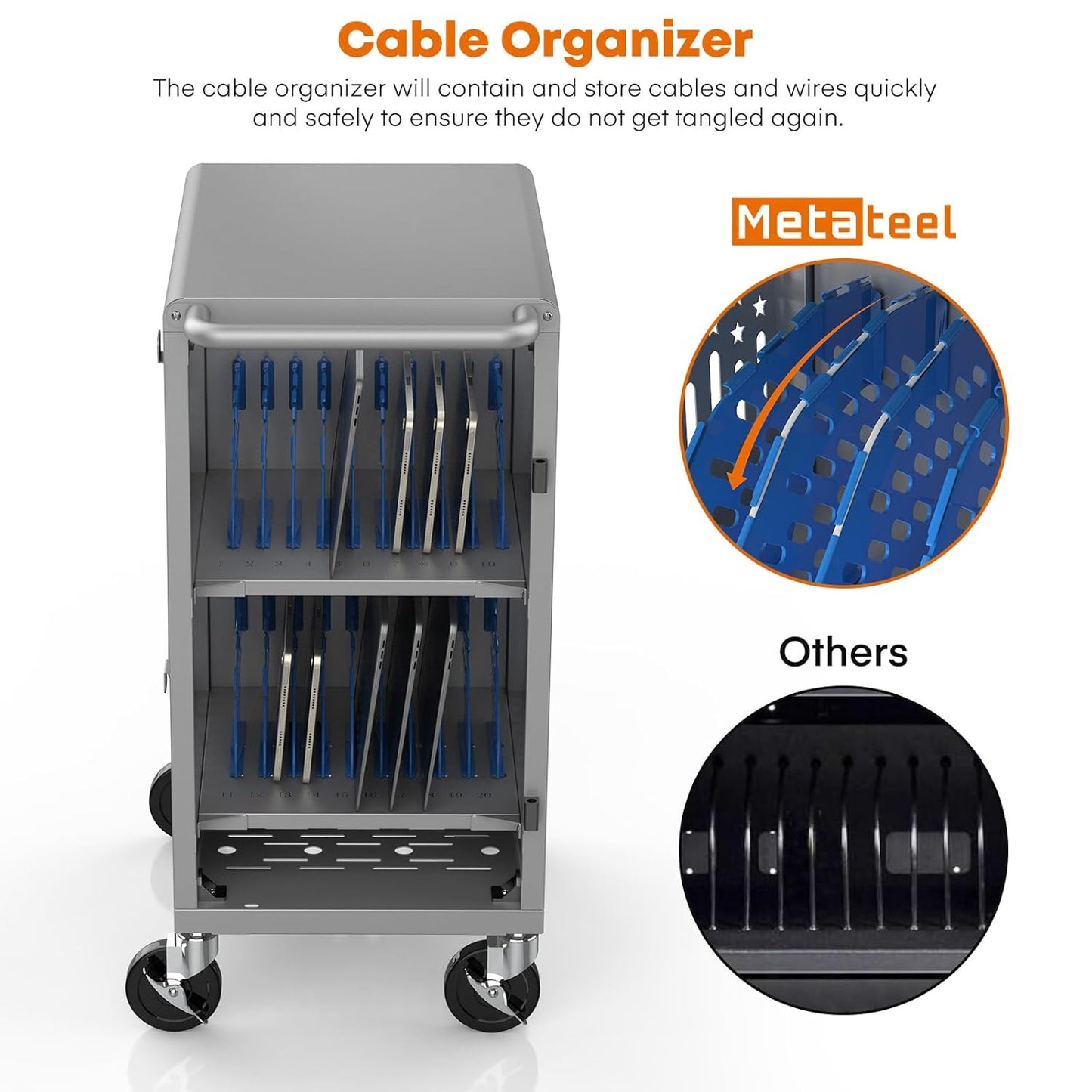 M-C20-T - 20 Bay mobile charging cart with storage for multiple Chromebook, laptop, kindle, iPad | Charging Station with Cable Management for classroom less assembly