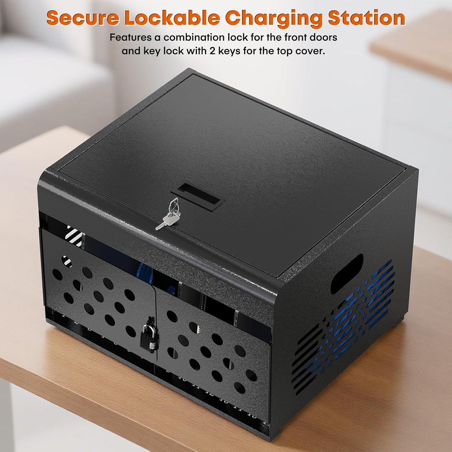 M-C16B-H - 16-Device Locking Tablet Charging Station - Classroom Charging Station for 16 Chromebook Tablet Laptop - Metal Laptop Charging Cart with Cable Management and Charger Organization (Black)