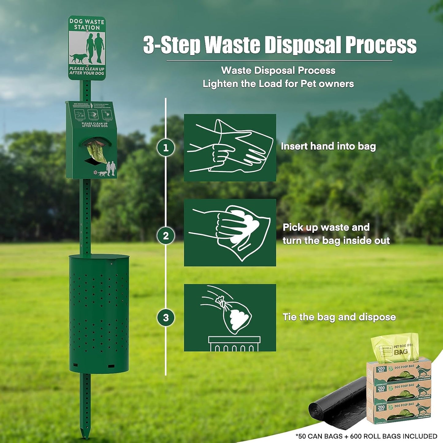 Outdoor Dog Waste Station – Rustproof Aluminum, 10 Gallon Bin, Bags & Liners Included