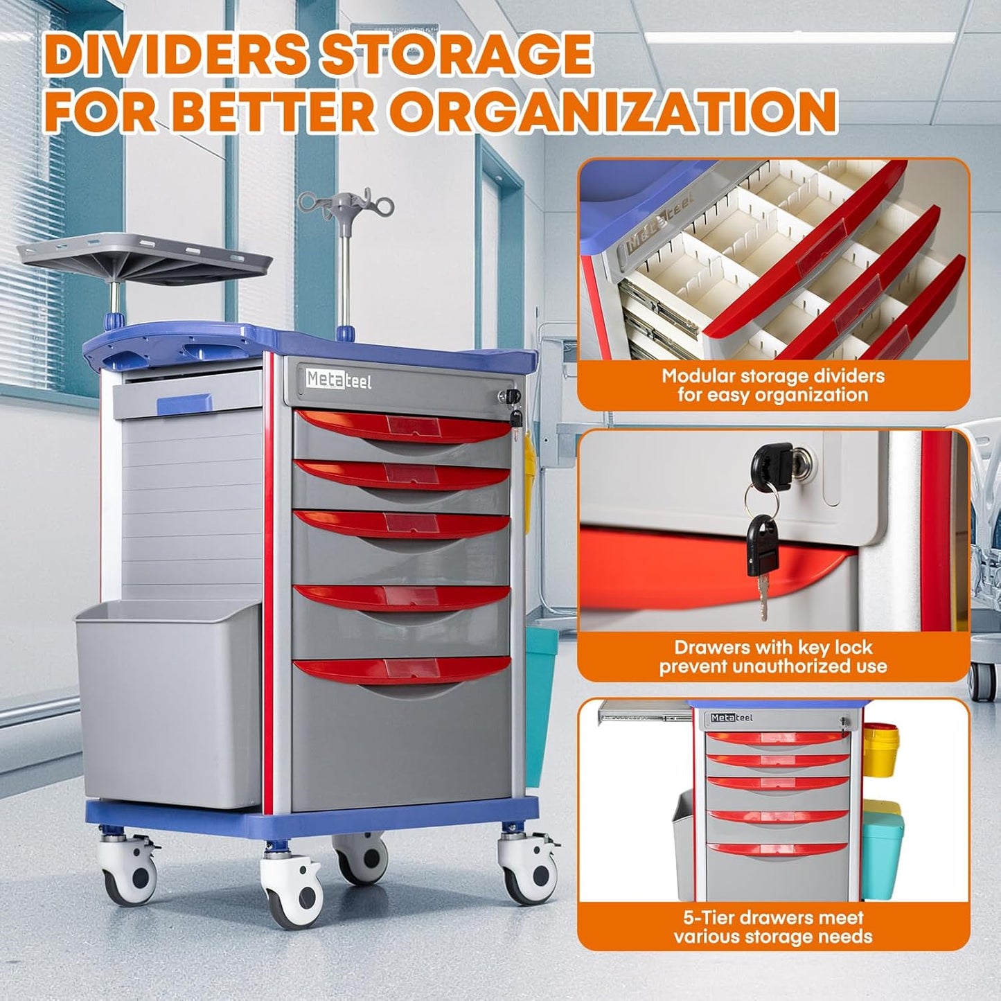 Emergency Crash Cart with IV Pole, Cardiac Board, O2 Holder & Drawers – Hospital Medical Cart