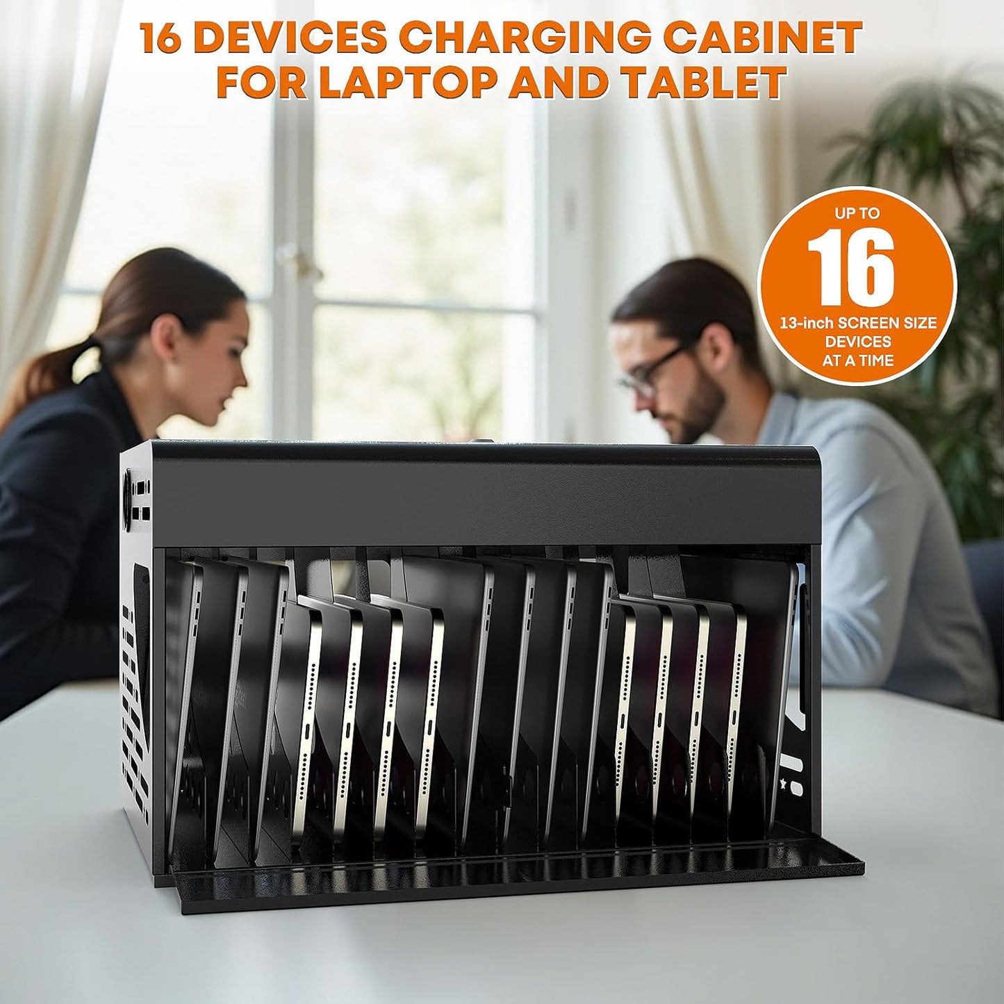 16-Bay Locking Charging Cabinet for Laptops & Chromebooks – Fits Devices up to 14-inch , Cable Management