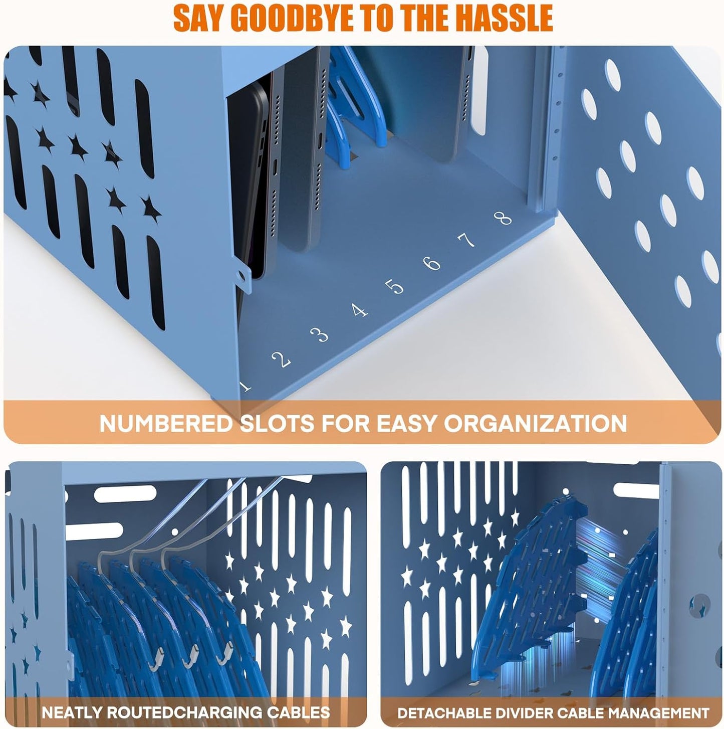 M-C8-B - 8 Tablet Charging Station Lock Box - Fits 14" Screen, Steel Case & Lockable Door, & 2 Keys Included - For Chromebook, Laptop,and Tablets - Ideal for Offices, Classrooms, & Hospitals (Blue)