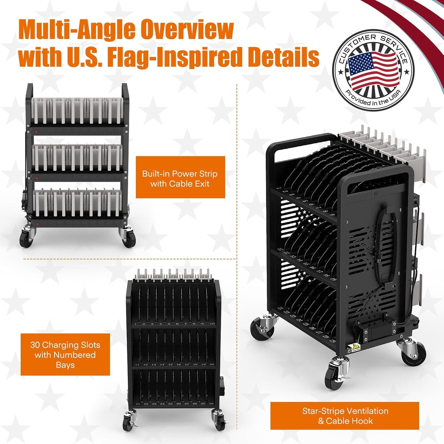 M-C30D-H - 30-Unit Mobile Charging Cart-Open Charging Station Rack for 14-inch Chromebooks and Tablets-Tablet Organizer Station with Cable Management and Charger Organization(Black)