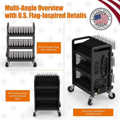 30-Devices Mobile Charging Cart – Open Rack for 14-Inch Chromebooks & Tablets, Cable Management
