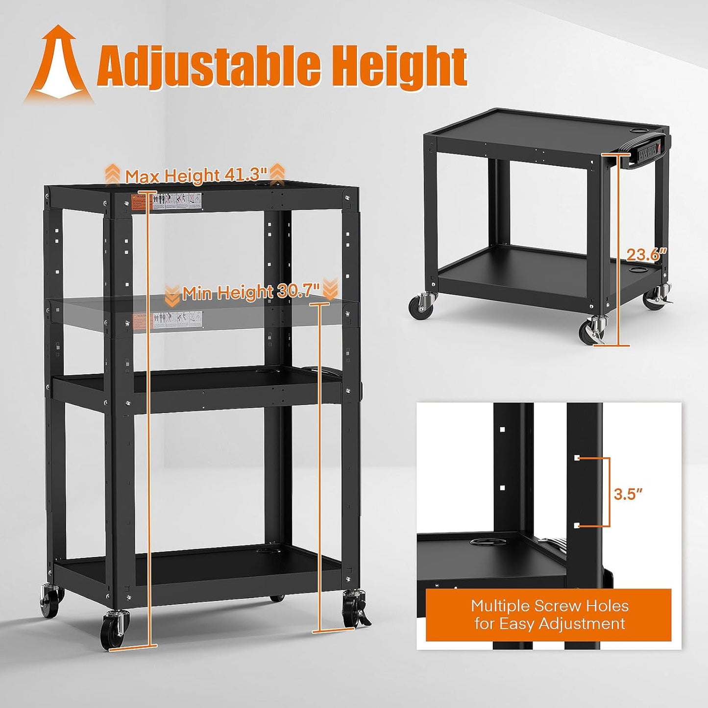 3-Shelf Steel Utility Cart – Mobile AV & Presentation Cart with Power Strip