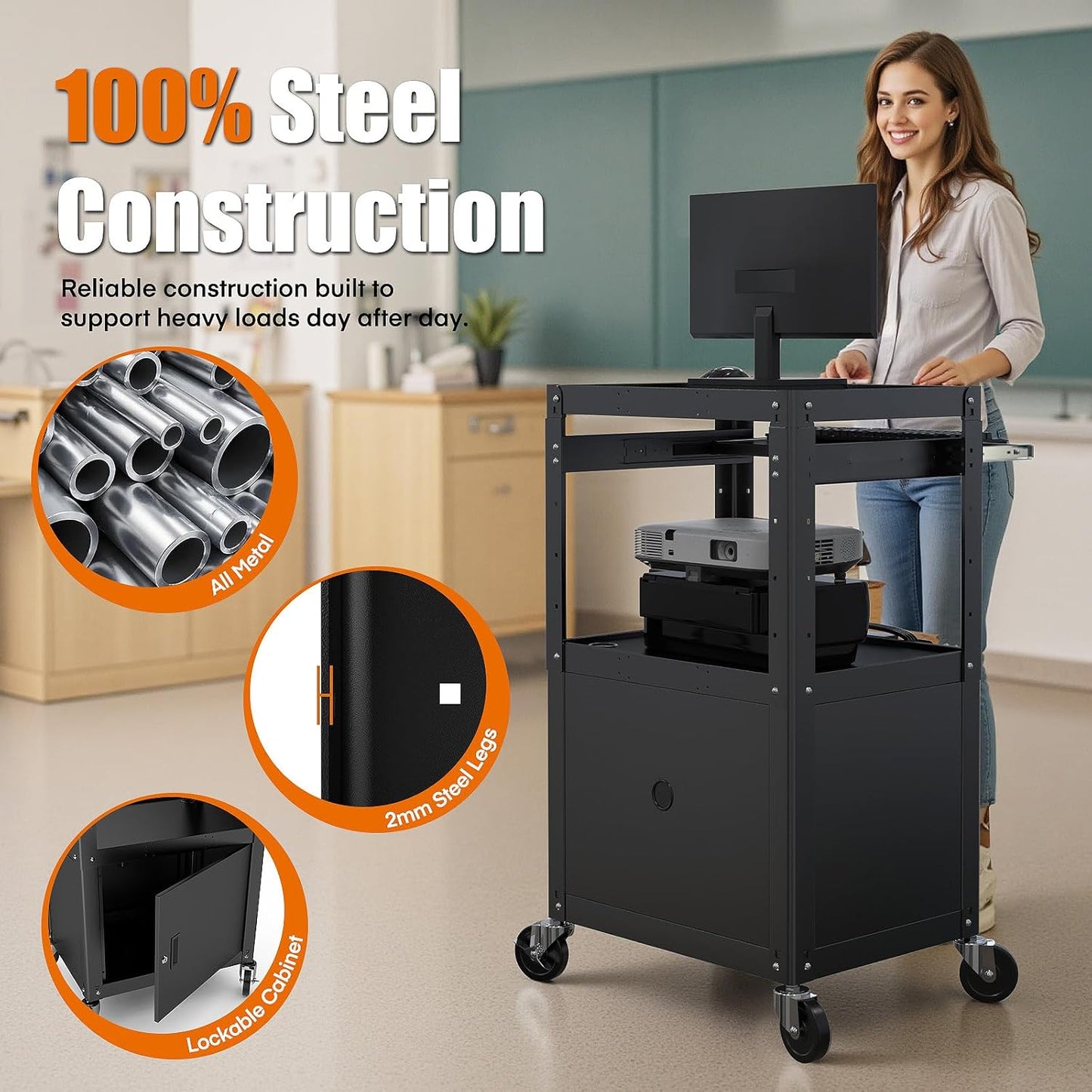 Steel AV Cart with Locking Cabinet, Adjustable Height, and Storage – 300 lbs Capacity