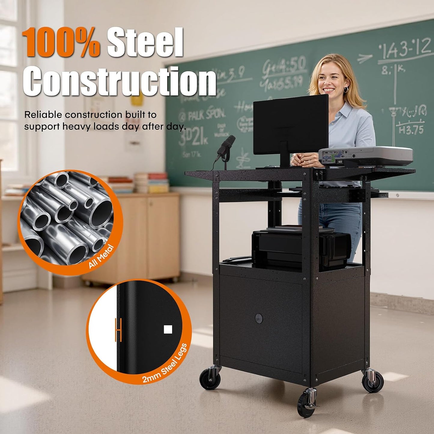 Heavy Duty Steel AV Cart – Lockable Storage, Folding Shelves, Adjustable Height, Wheels