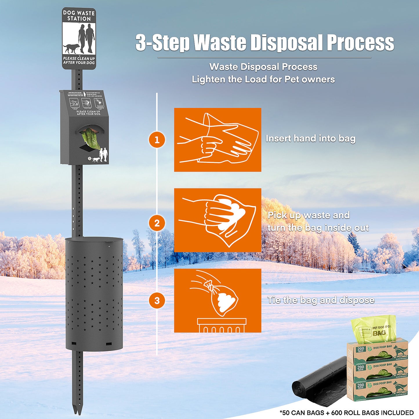 M-D37GK-H0 Black Dog Waste Station Outdoor, Pet Waste Disposal Station Rustproof Aluminum with 10 Gallon Trash Can, 600 Dog Poop Bags & 50 Liners for Parks, Trails, HOA Communities, Backyards