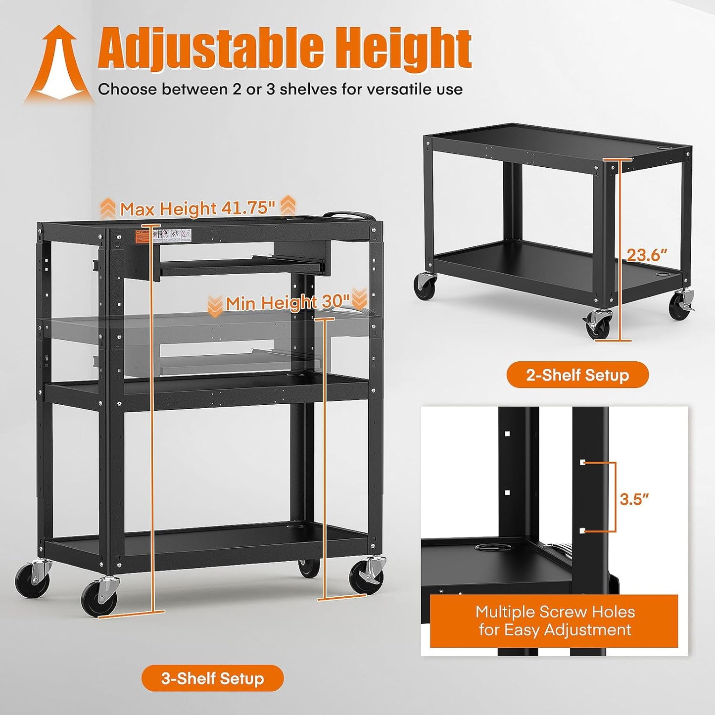 Extra Large 3 Tier Rolling Cart with Power Strip - Heavy Duty Utility Cart Rolling Computer Cart - Durable Utility Cart