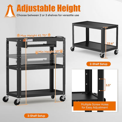 Extra Large 3 Tier Rolling Cart with Power Strip - Heavy Duty Utility Cart Rolling Computer Cart - Durable Utility Cart