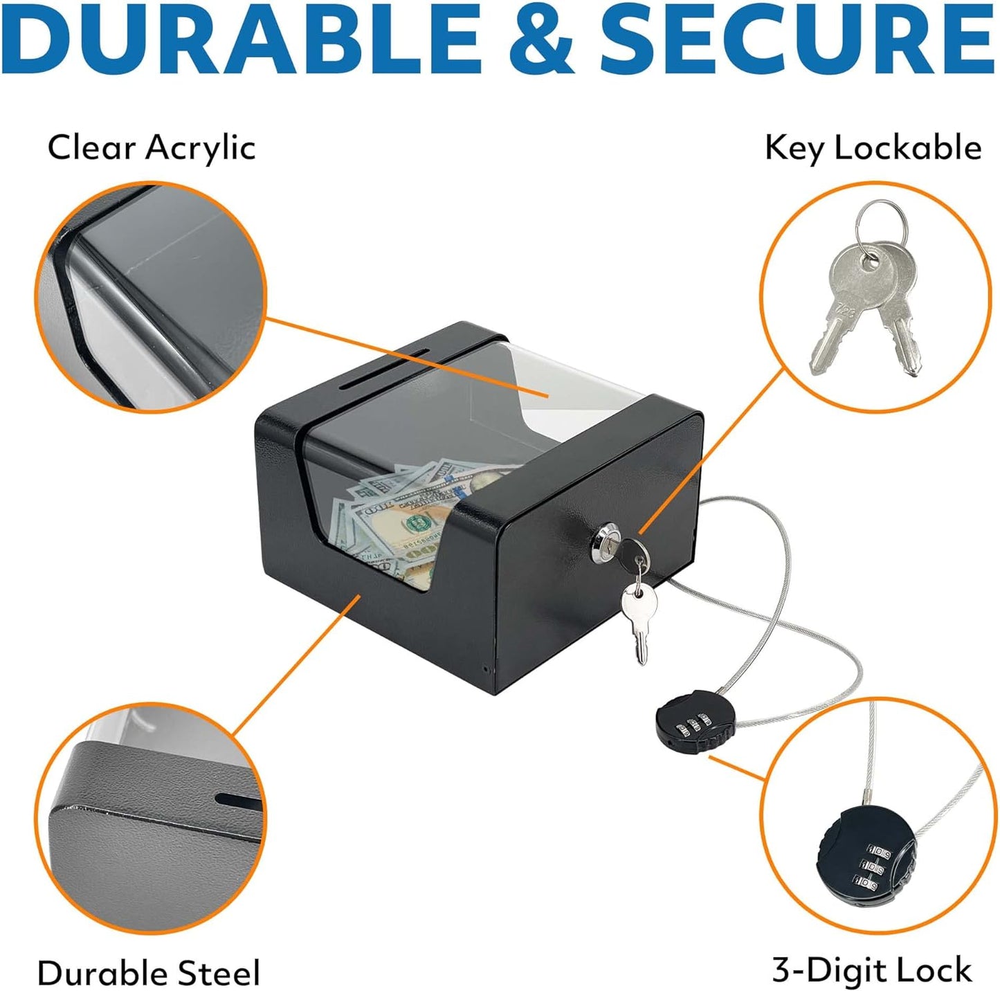 M-D8-H Steel Locking Tip Box - Heavy Duty Secure Tip Jar with Combination Cable Lock - Use for Collecting Donation, Suggestion, Business Card, and More