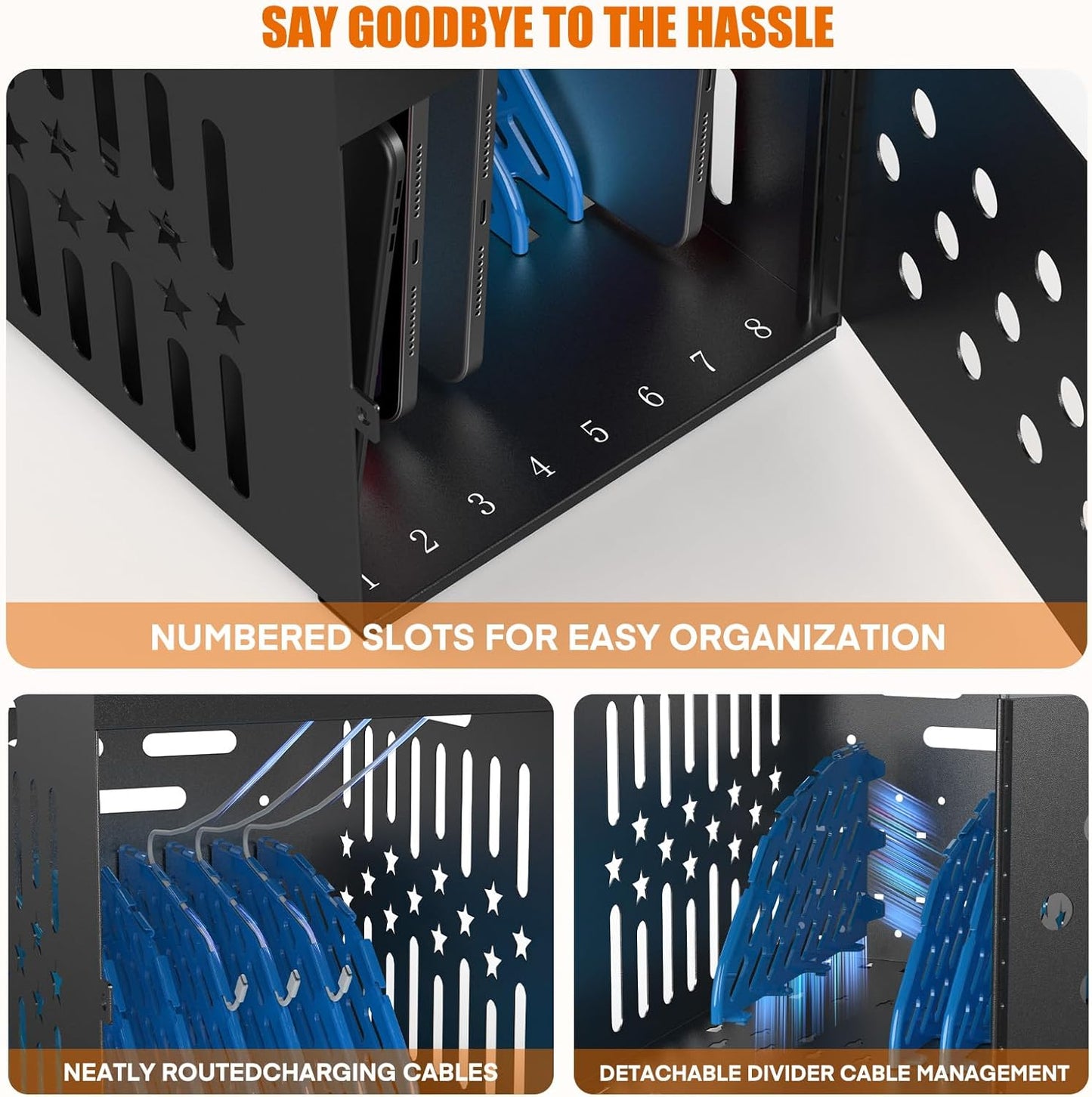 M-C8-H - 8 Tablet Charging Station Lock Box - Fits 14" Screen, Steel Case & Lockable Door, & 2 Keys Included - For Chromebook, Laptop,and Tablets - Ideal for Offices, Classrooms, & Hospitals (Black)