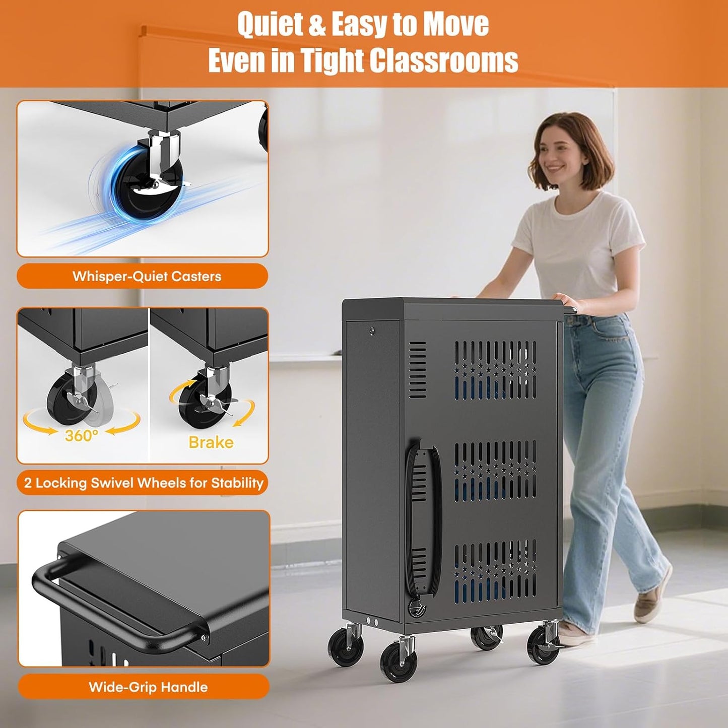 M-C18-H - Fully Assembled 18 Bay Heavy-Duty Metal Mobile Charging and Storage Cart for iPad,Chromebook and Laptop Computer Up to 14-inch Screen Size with Key Locks, Charger and Cable Organization,Black