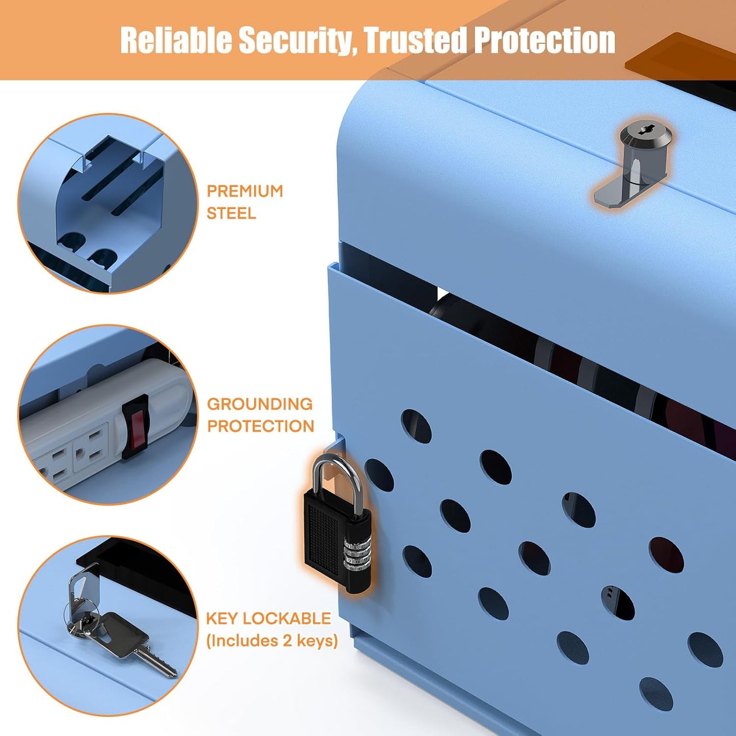 M-C8-B - 8 Tablet Charging Station Lock Box - Fits 14" Screen, Steel Case & Lockable Door, & 2 Keys Included - For Chromebook, Laptop,and Tablets - Ideal for Offices, Classrooms, & Hospitals (Blue)