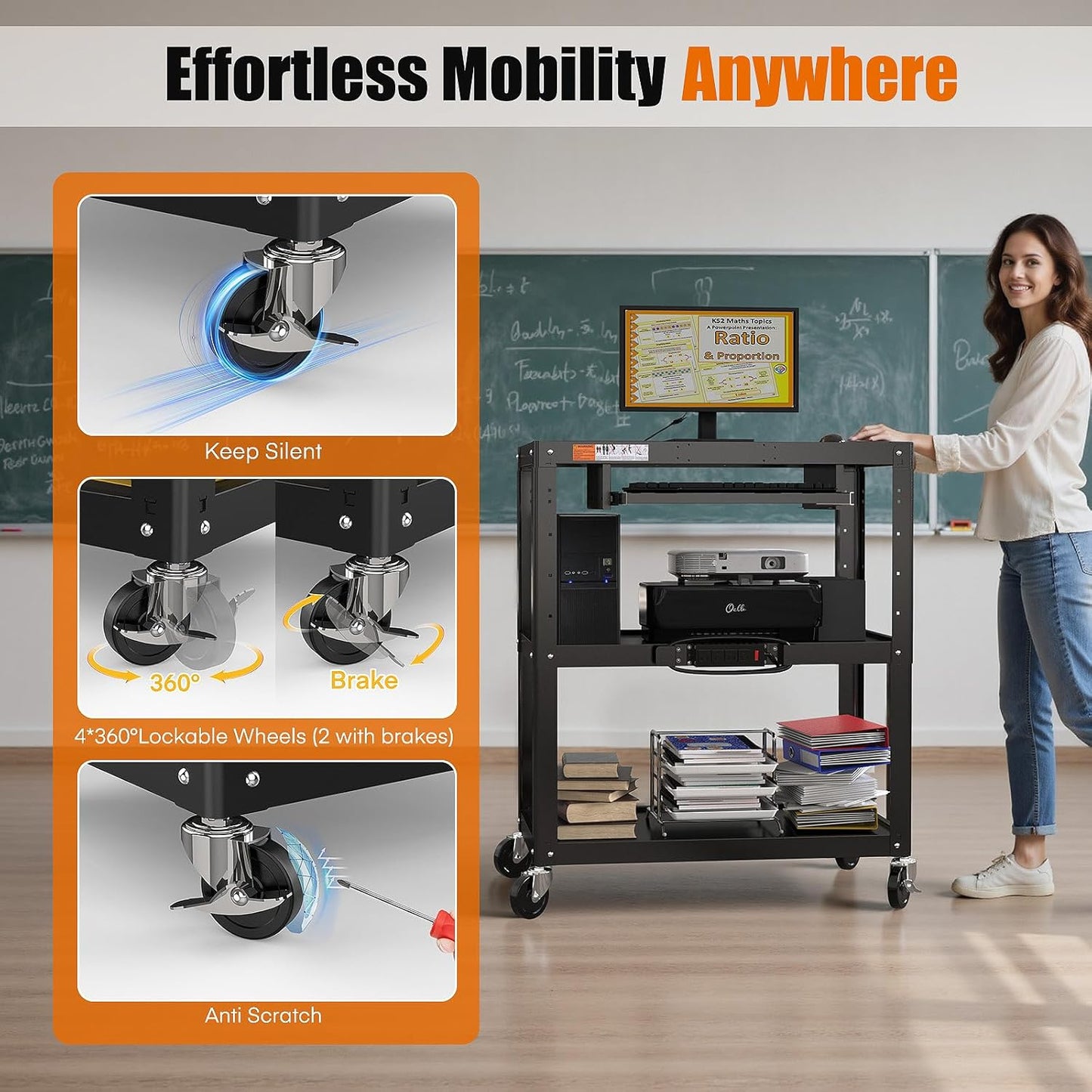 Extra Large 3 Tier Rolling Cart with Power Strip - Heavy Duty Utility Cart Rolling Computer Cart - Durable Utility Cart