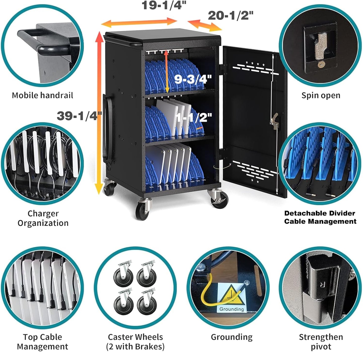 M-C30A-H - 30-Device Charging Station for Chromebooks, iPads, and 14'' Laptops – Mobile Charging Cart with Cable Management, Circuit Breaker, Grounding Protection, and Assembly Required