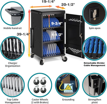 30-Device Charging Cart – Mobile Station for 14" Laptops, Chromebooks & iPads, Cable Management, Circuit Breaker