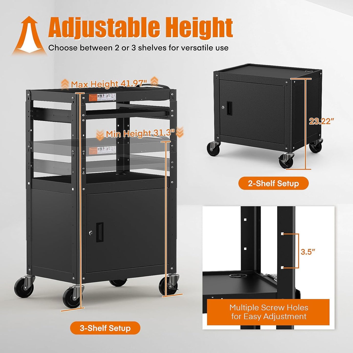 Steel AV Cart with Locking Cabinet, Adjustable Height, and Storage – 300 lbs Capacity