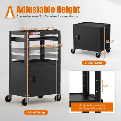 Steel AV Cart with Locking Cabinet, Adjustable Height, and Storage – 300 lbs Capacity
