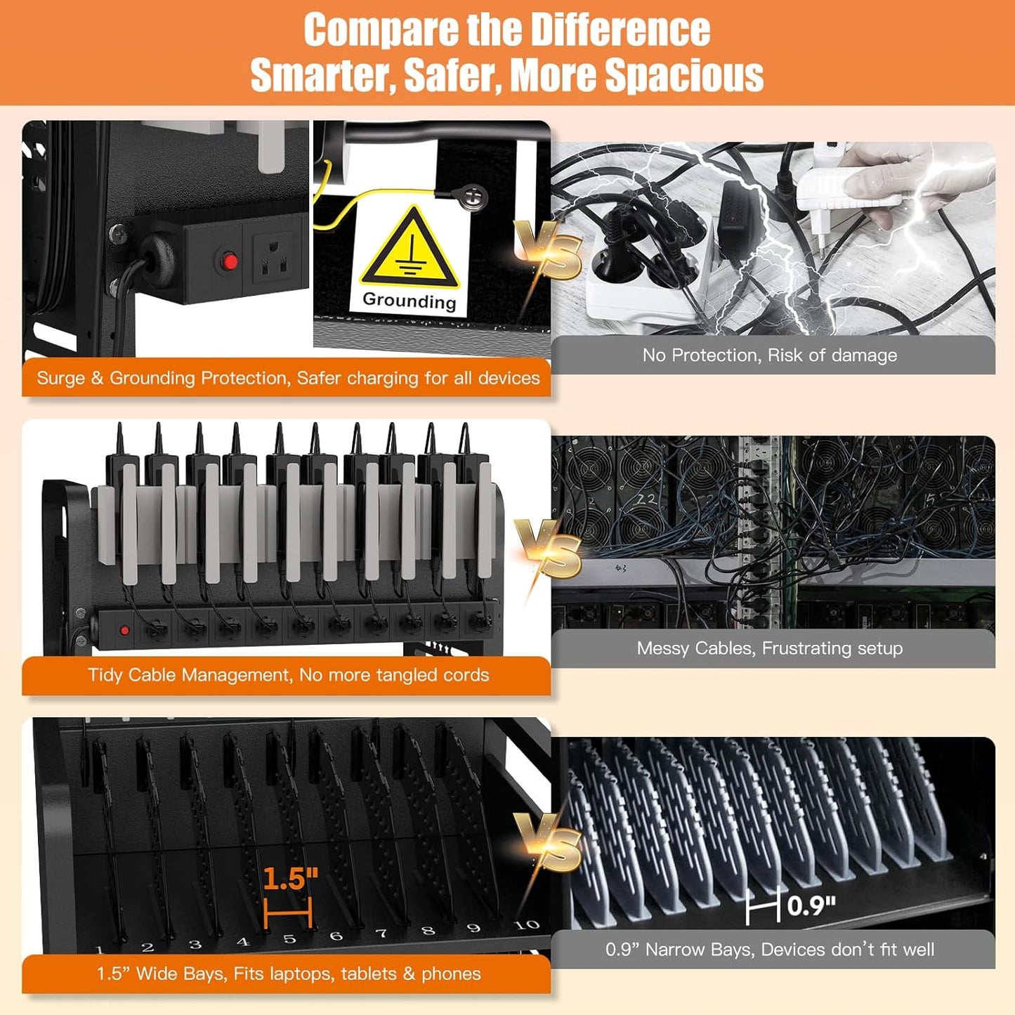 M-C30D-H - 30-Unit Mobile Charging Cart-Open Charging Station Rack for 14-inch Chromebooks and Tablets-Tablet Organizer Station with Cable Management and Charger Organization(Black)